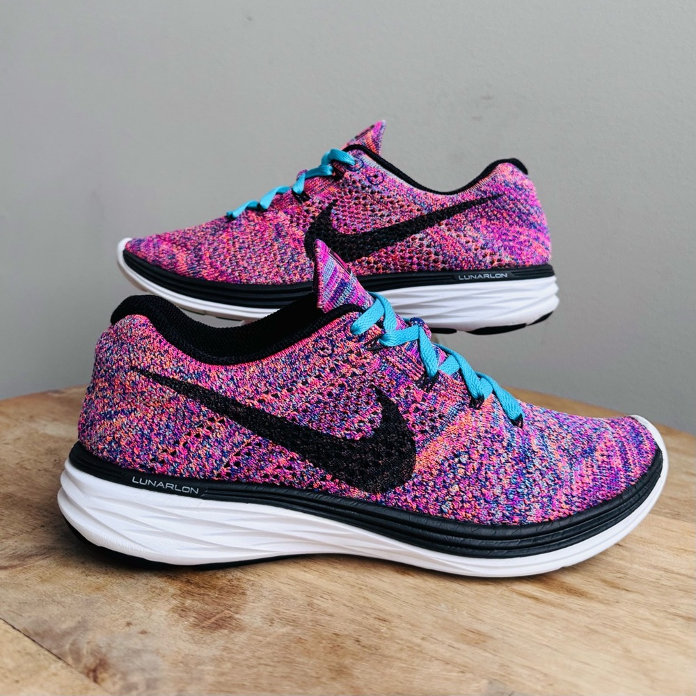 Nike Flyknit Lunar 3 Pink Purple Womens Size 8 Multicolor Athletic Shoes 2015